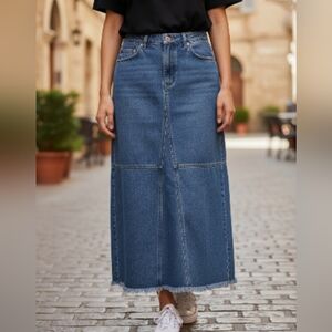 RALPH LAUREN JEANS Maxi Jean Skirt Sz 12 Blue Denim Fringe Hem Slit Y2K 90S